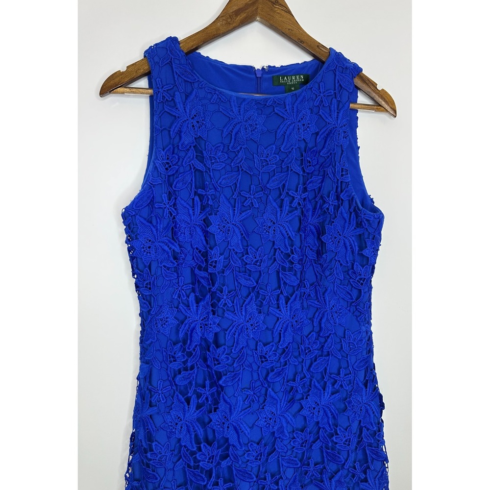 Lauren Ralph Lauren Royal Blue Floral Lace Overlay Sleeveless Sheath Dress Sz 10 - Picture 6 of 15
